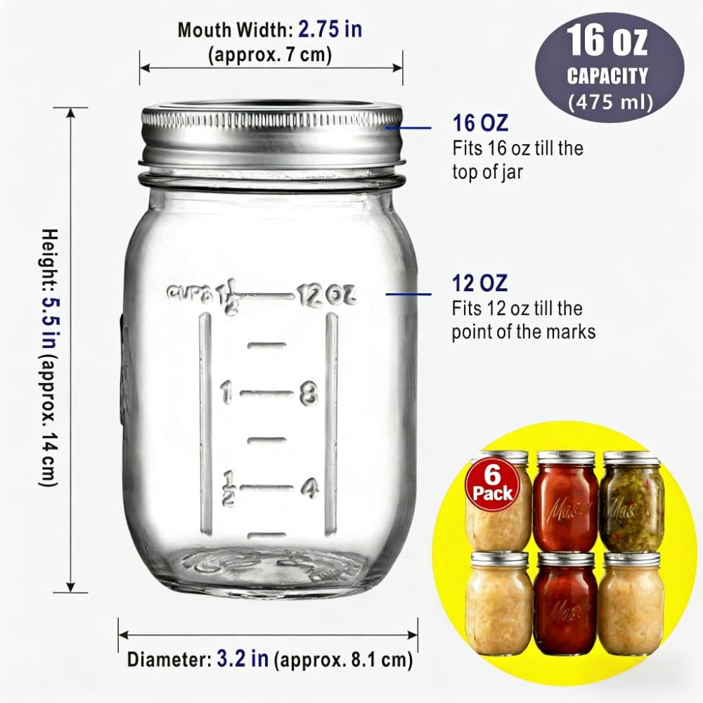 16 oz 6-Pack Regular Mouth Glass Mason Jars with Airtight Lids H7749