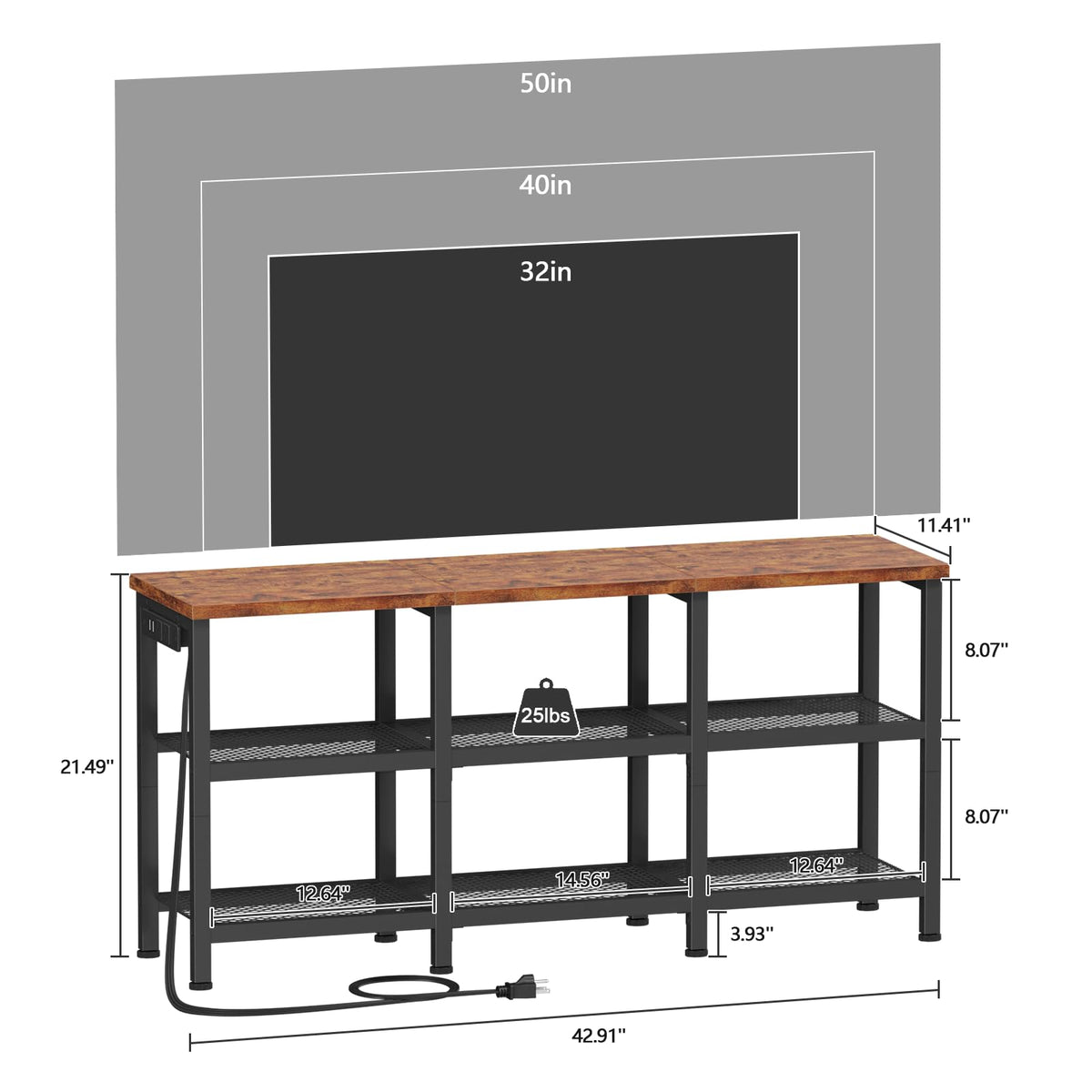 Rustic Brown TV Stand with Power Outlets and Open Storage Shelves L6655