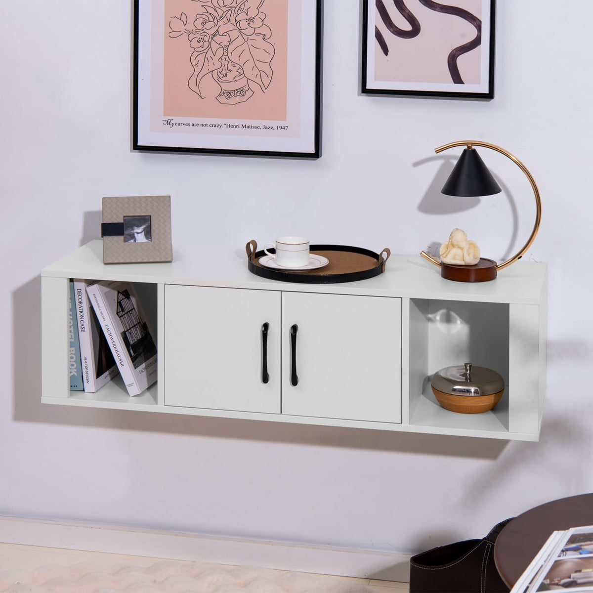 Wall Mounted Storage Cabinet, 2 Cube Floating Desk with Doors, White C1198