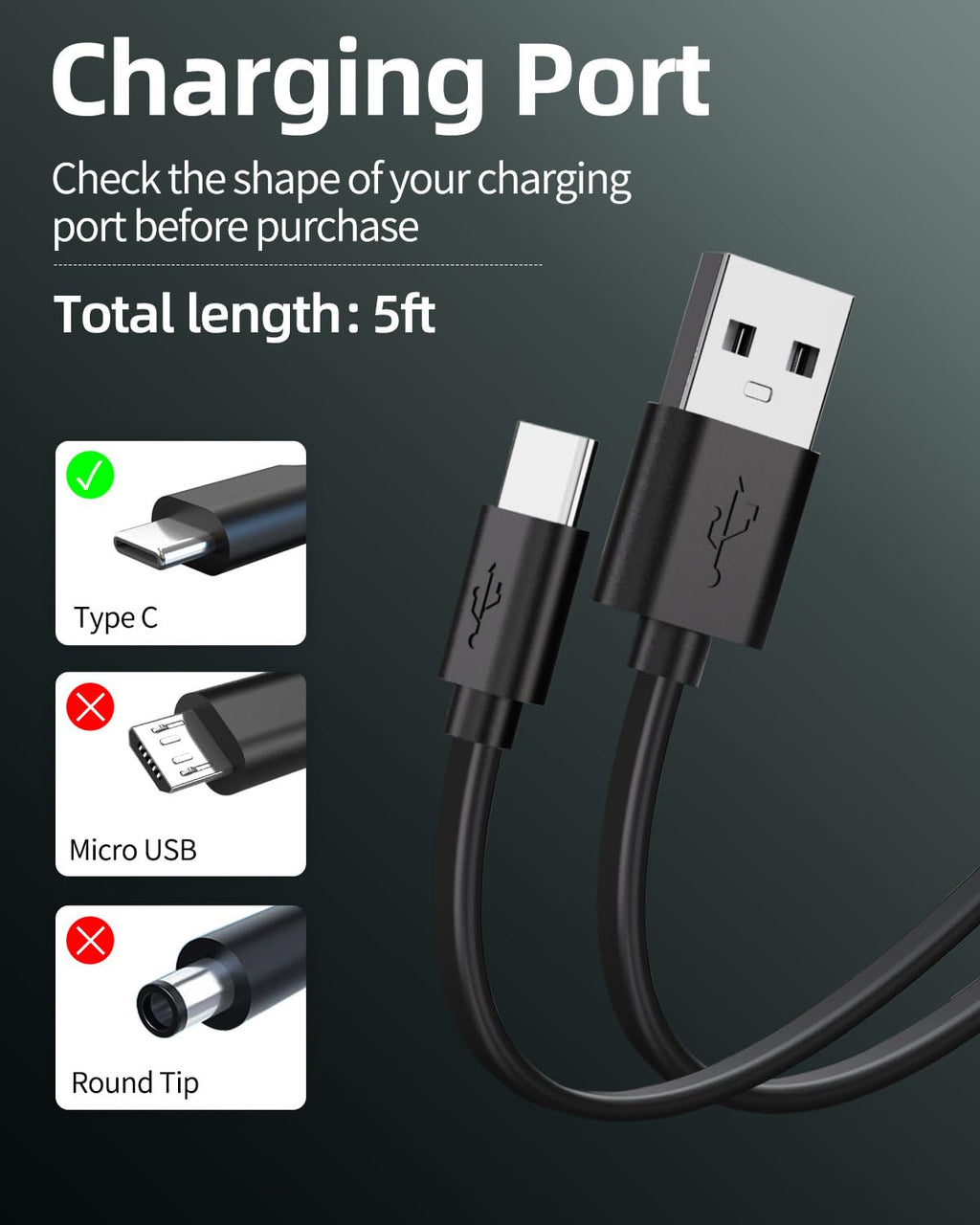 Black 5FT USB-C Replacement Charger Cable Y406718
