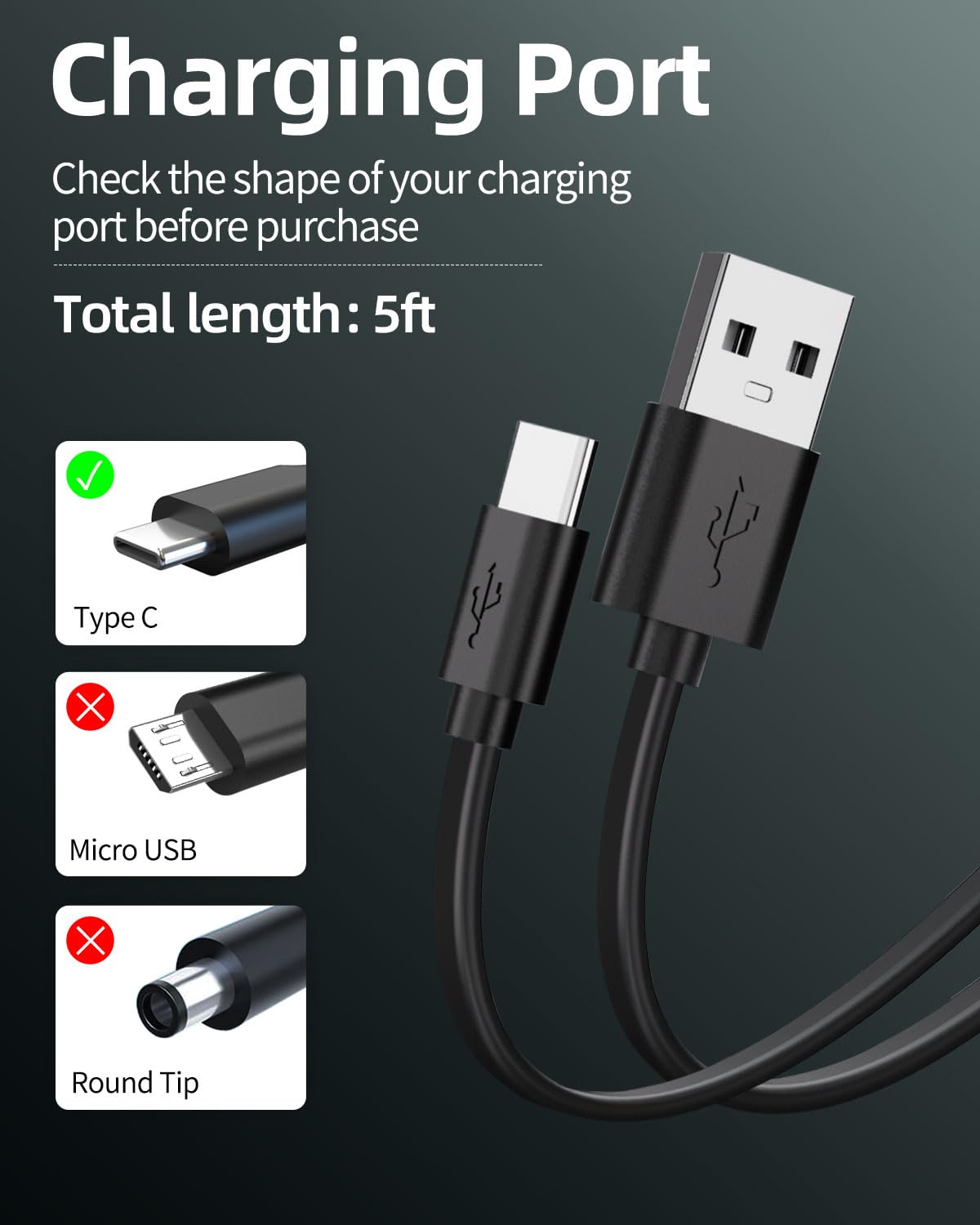 Black 5FT USB-C Replacement Charger Cable Y406718