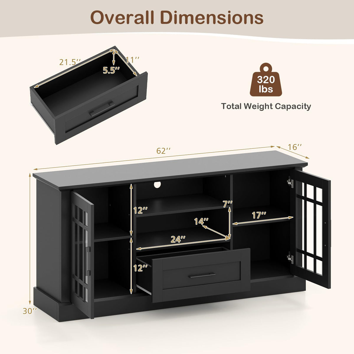 Black Wood TV Stand with 2 Glass Cabinets and 1 Drawer Q2893