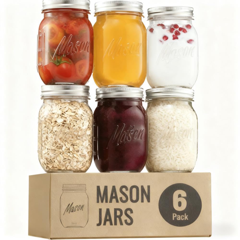 16 oz 6-Pack Regular Mouth Glass Mason Jars with Airtight Lids H7749
