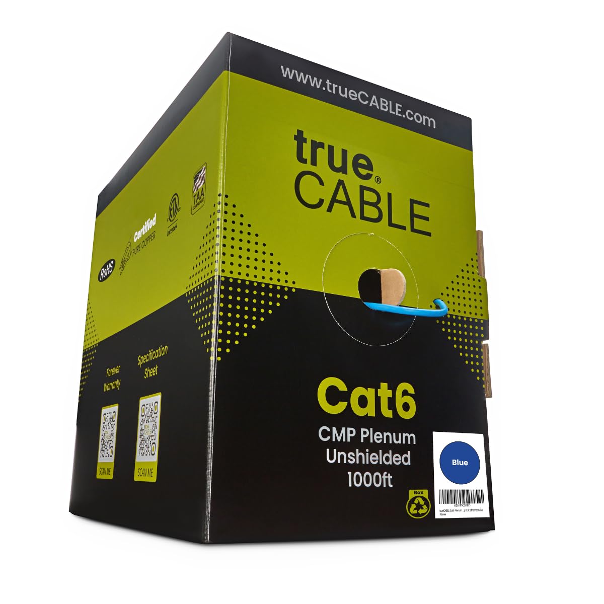 Blue 1000ft Cat6 Plenum Bare Copper Ethernet Cable I7795