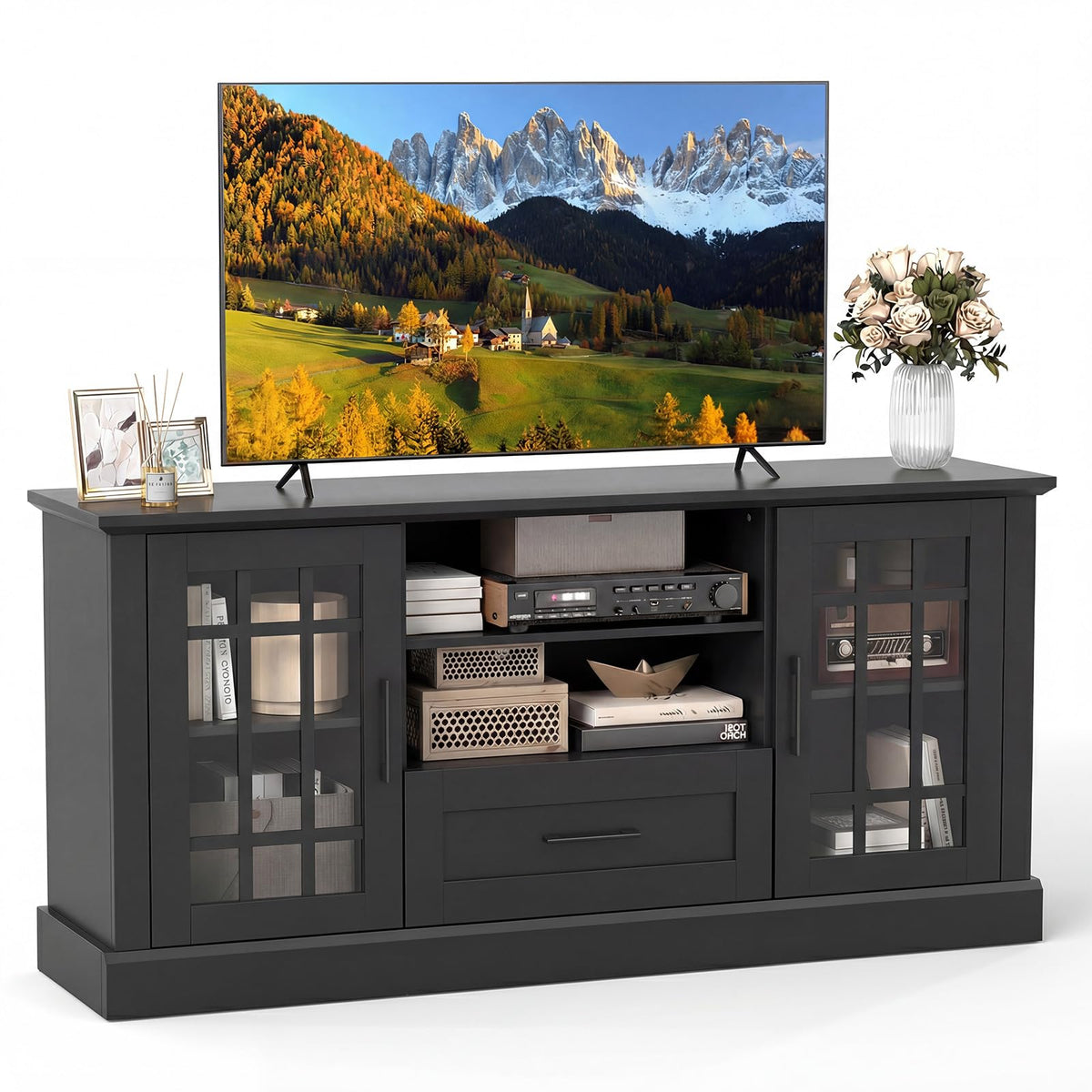 Black Wood TV Stand with 2 Glass Cabinets and 1 Drawer Q2893