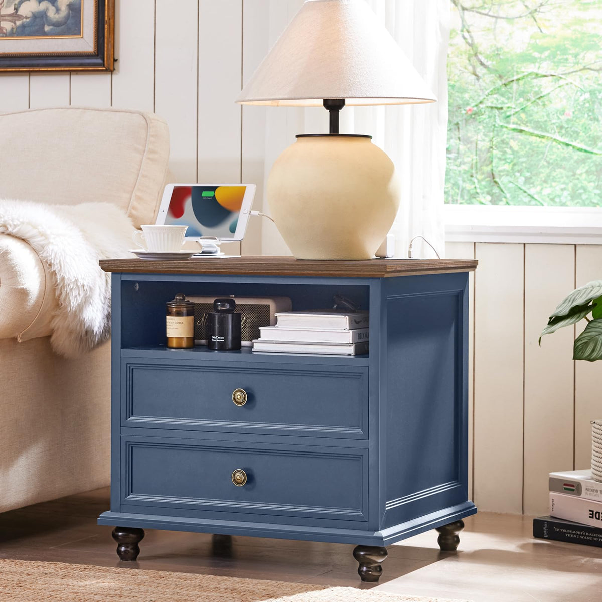 Blue 2 Drawer Nightstand Set of 2 with Charging Station H147