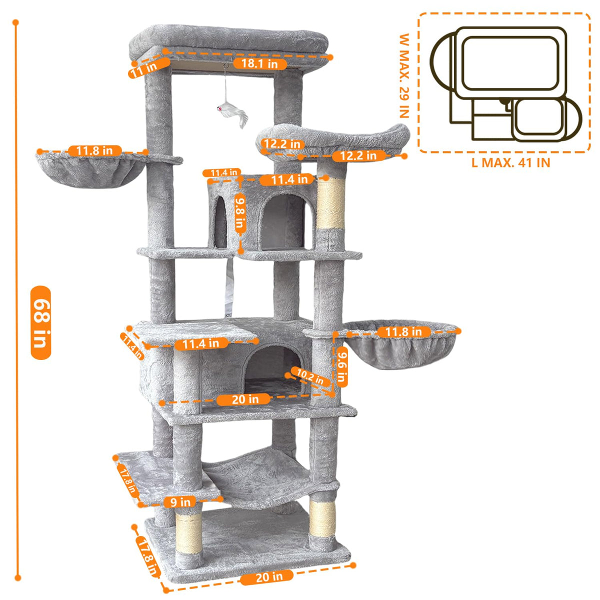 68 Inches Multi-Level Cat Tree Tower with Sisal Scratching Posts F98342