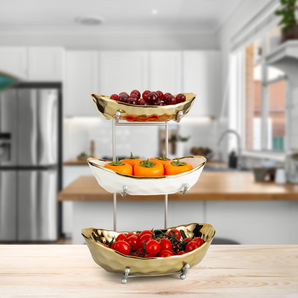 3 Tier Ceramic Serving Bowls with Metal Stand Z72403