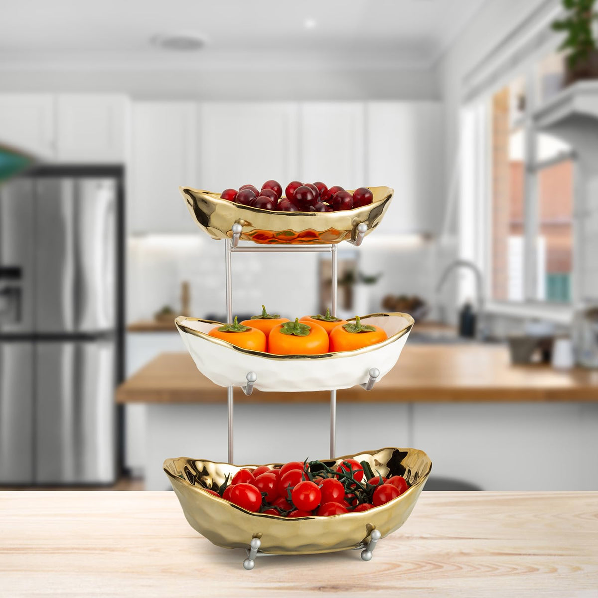 3 Tier Ceramic Serving Bowls with Metal Stand Z72403