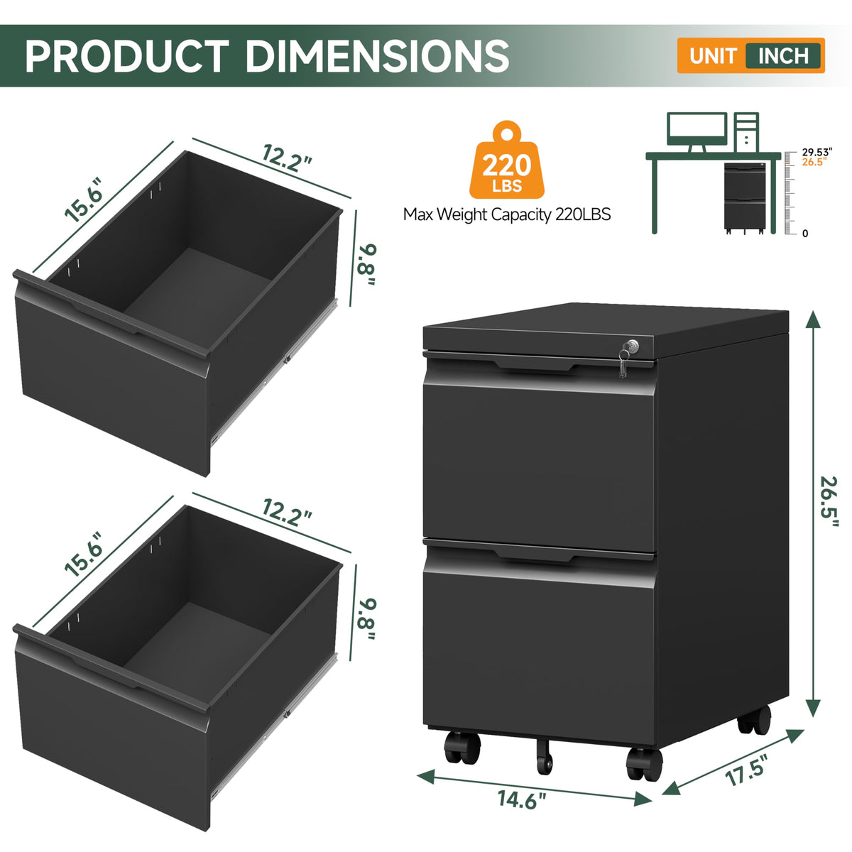 Black 2 Drawer Metal Rolling File Cabinet with Lock D164892