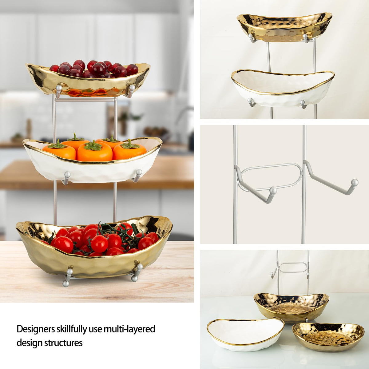 3 Tier Ceramic Serving Bowls with Metal Stand Z72403