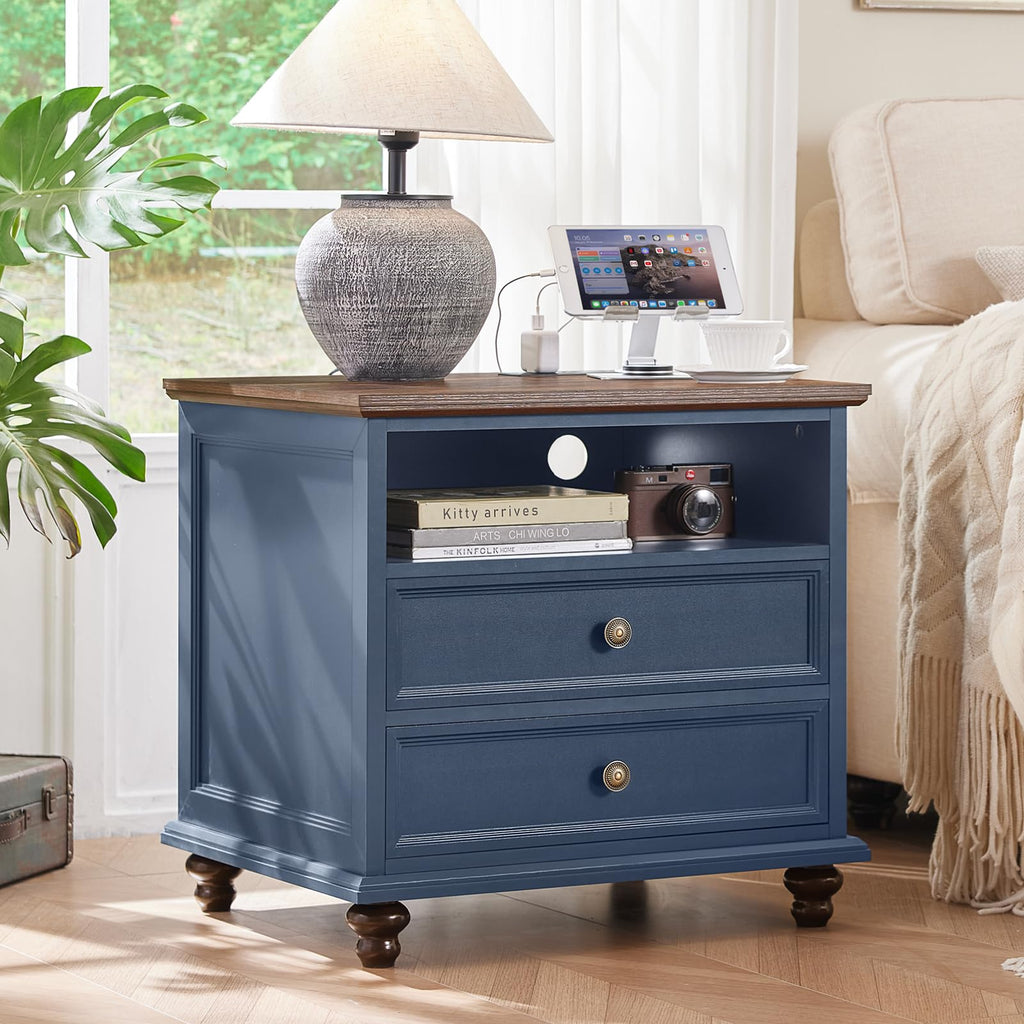 Blue 2 Drawer Nightstand Set of 2 with Charging Station H147