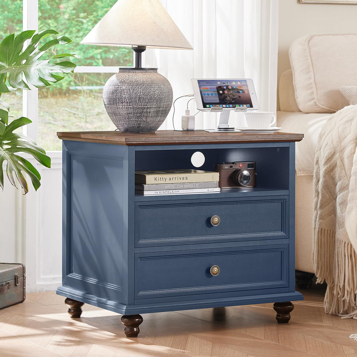 Blue 2 Drawer Nightstand Set of 2 with Charging Station H147