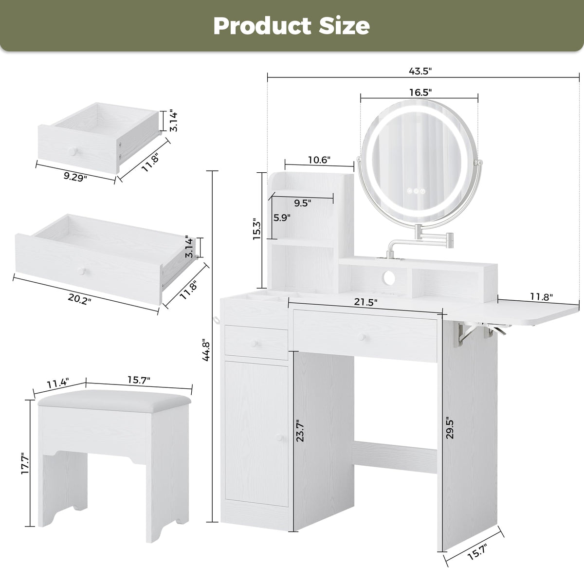 White Vanity Desk with Mirror & Power Outlet C450513