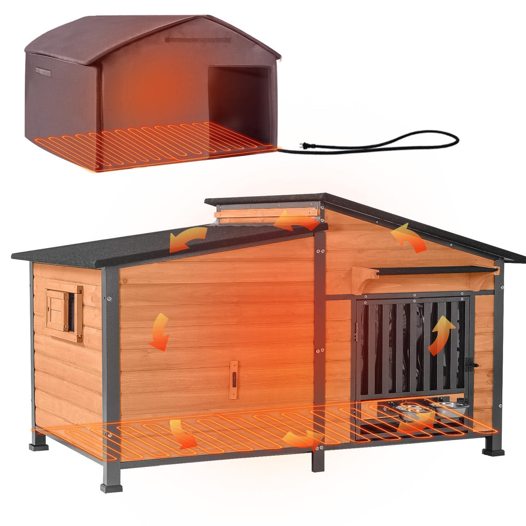 60" Heated Dog House with Heated Pad and Rotating Food Bowl X113545