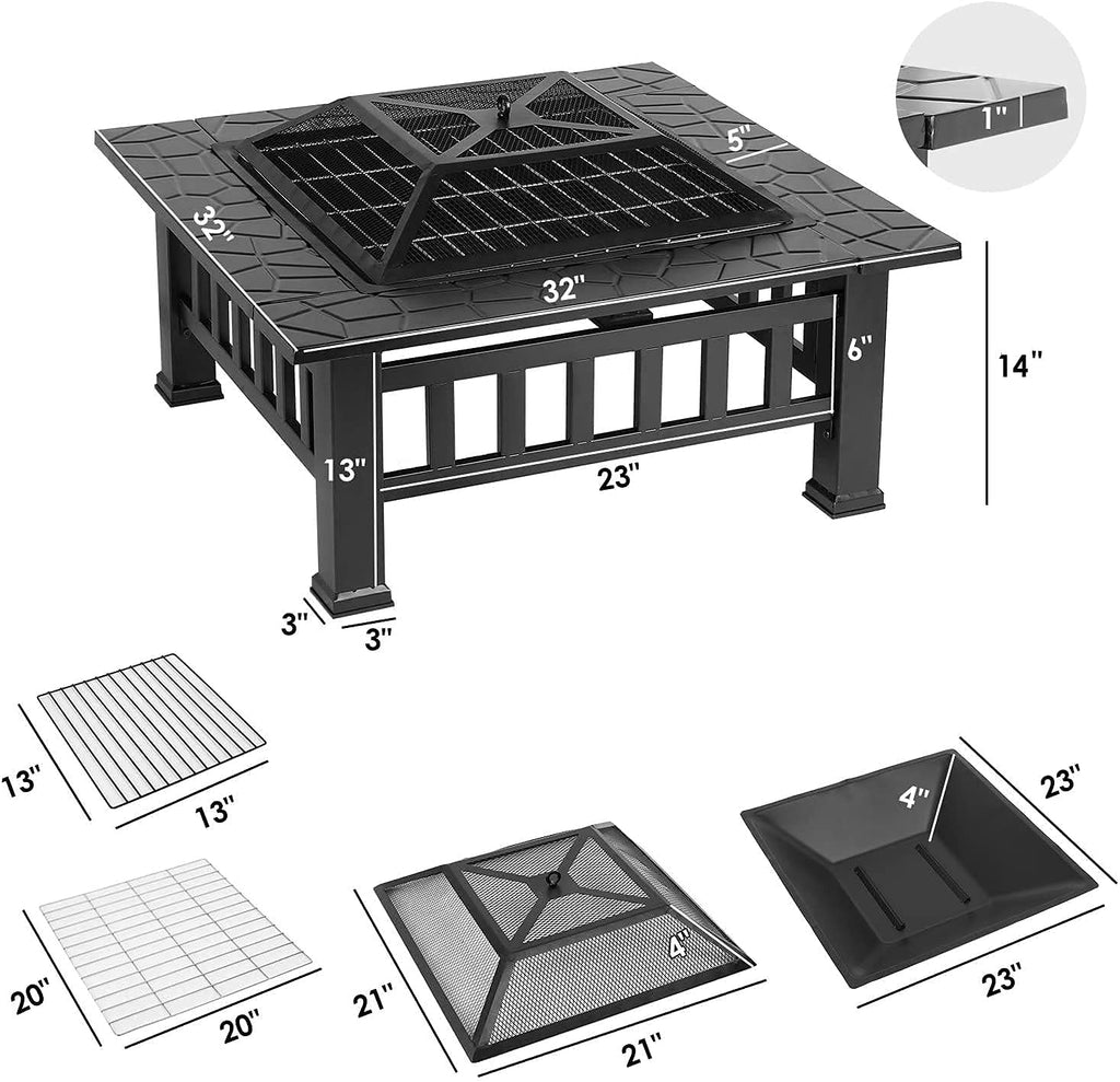 32'' Wood Burning Square Fire Pit with Grill Grate W806452