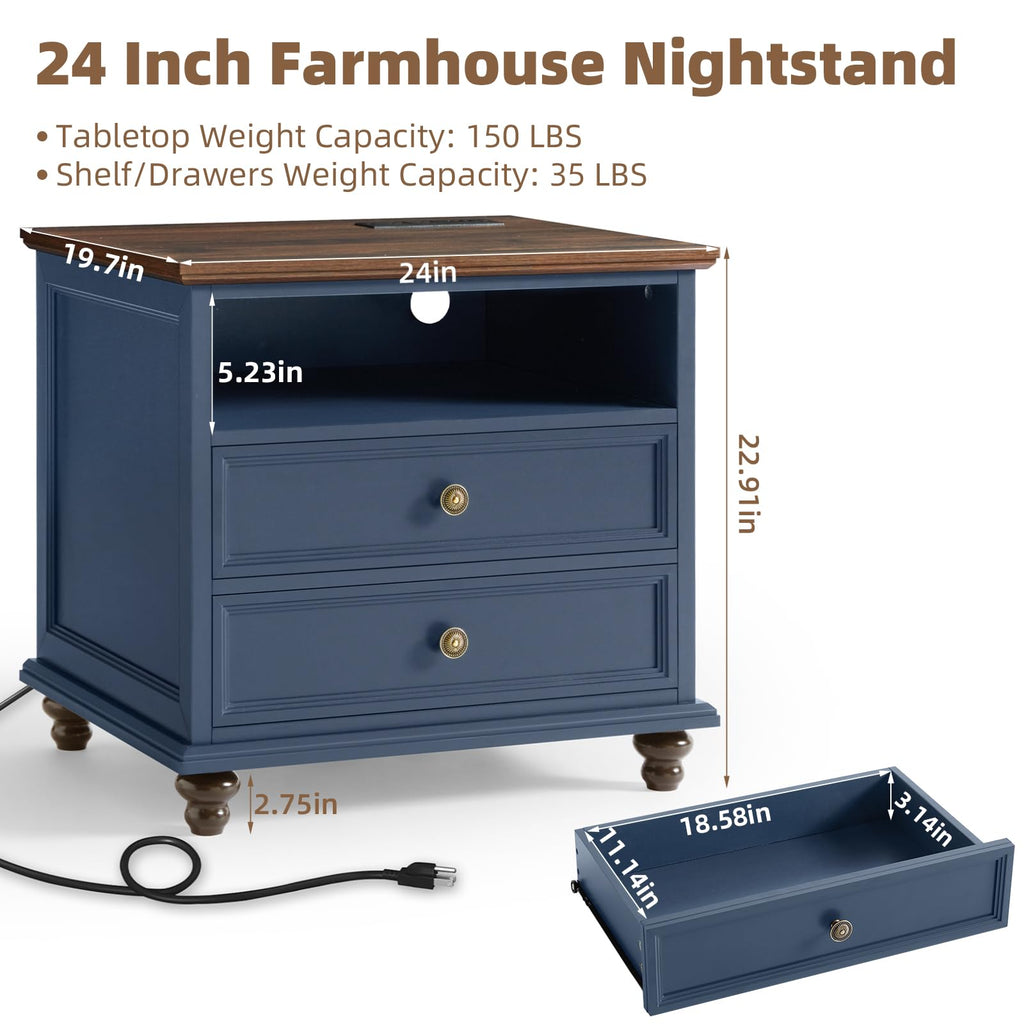Blue 2 Drawer Nightstand Set of 2 with Charging Station H147