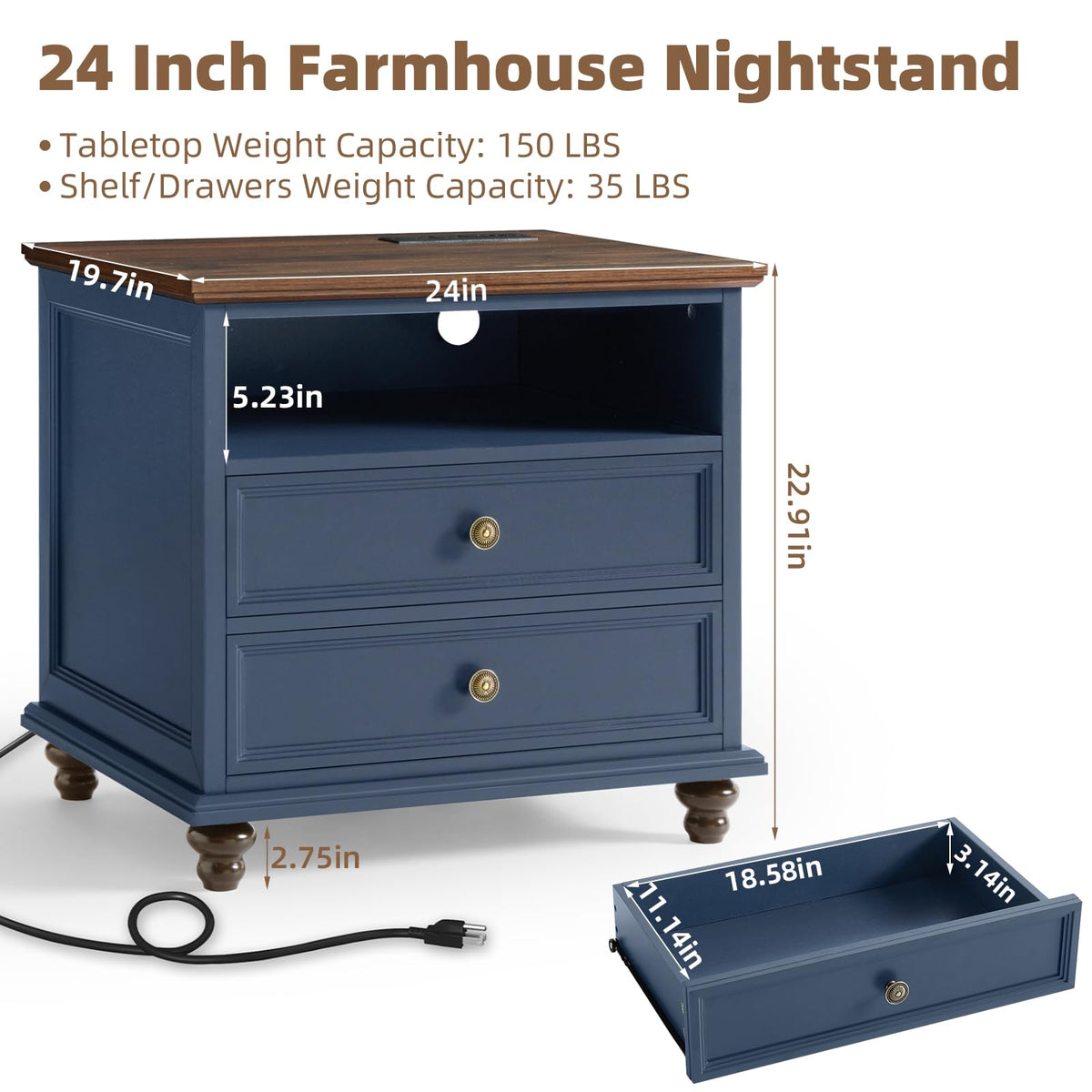 Blue 2 Drawer Nightstand Set of 2 with Charging Station H147