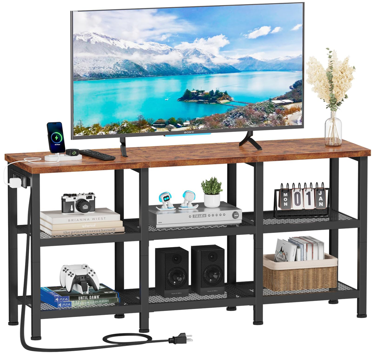 Rustic Brown TV Stand with Power Outlets and Open Storage Shelves L6655