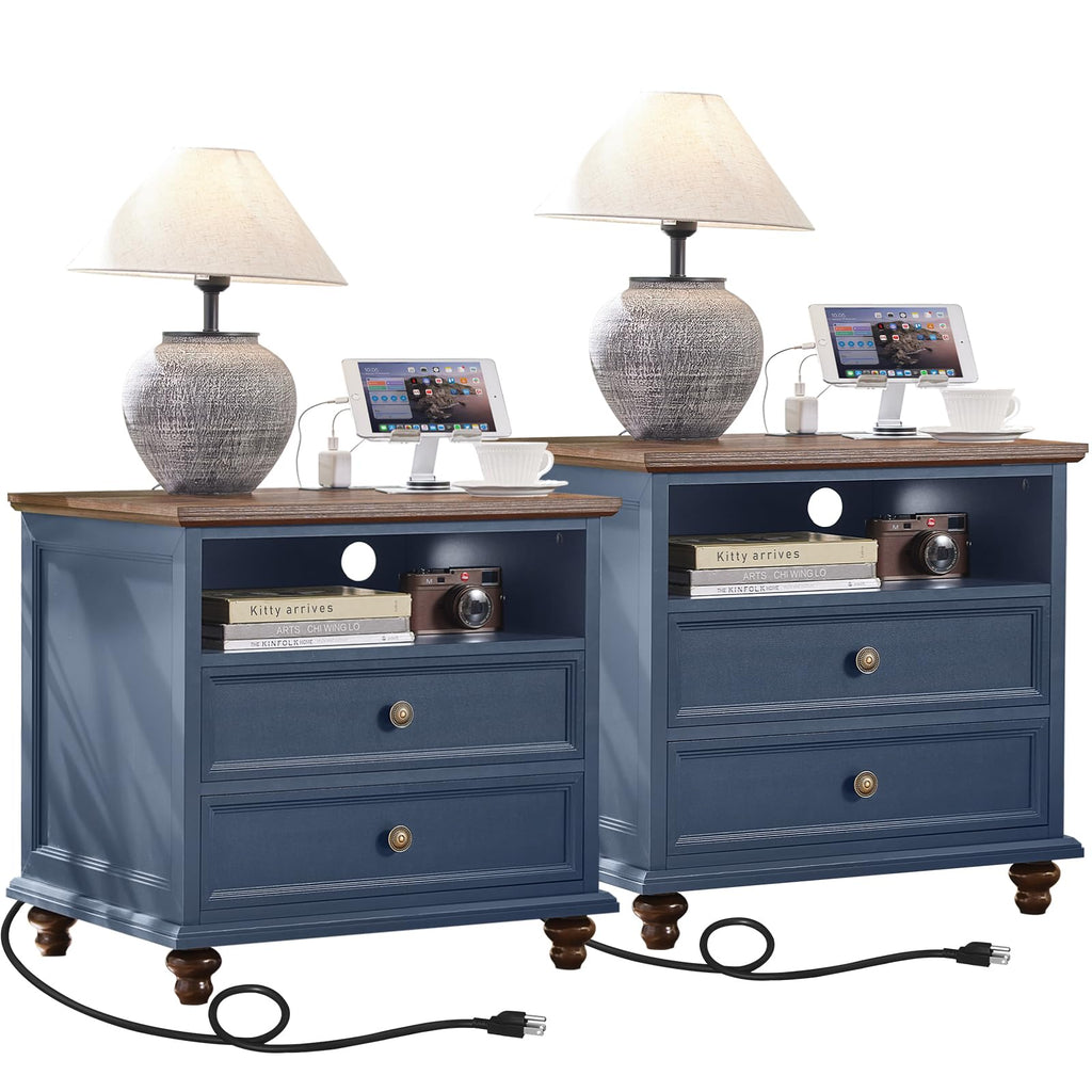 Blue 2 Drawer Nightstand Set of 2 with Charging Station H147