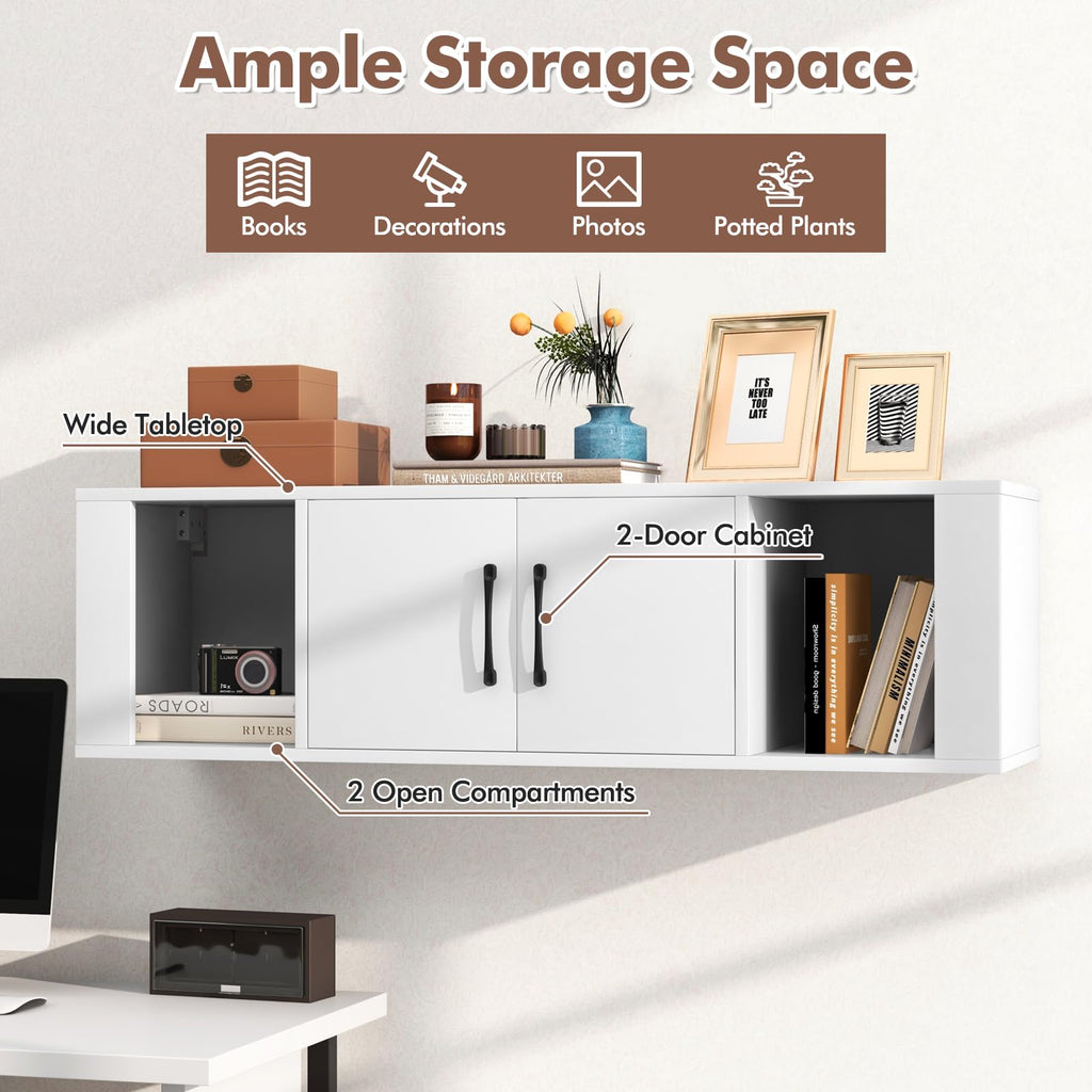 Wall Mounted Storage Cabinet, 2 Cube Floating Desk with Doors, White C1198
