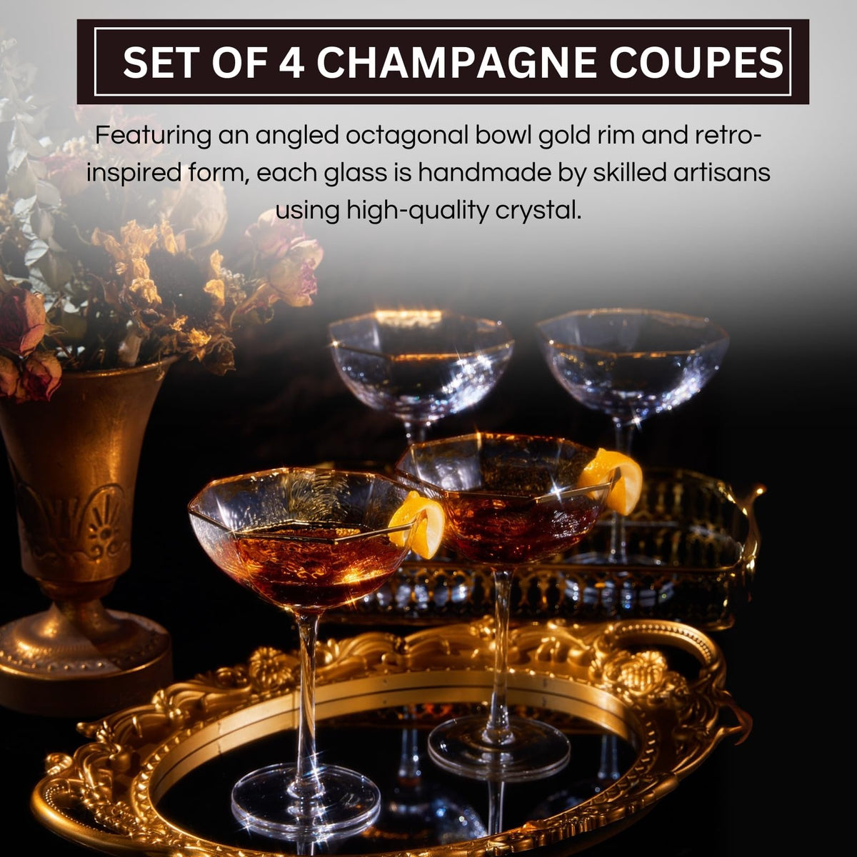 Champagne Coupe Glasses Set of 4 Gold Rim J8422