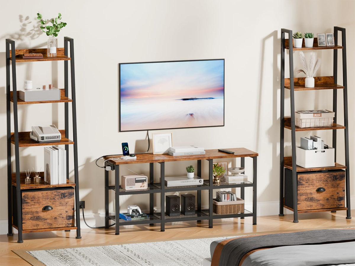 Rustic Brown TV Stand with Power Outlets and Open Storage Shelves L6655