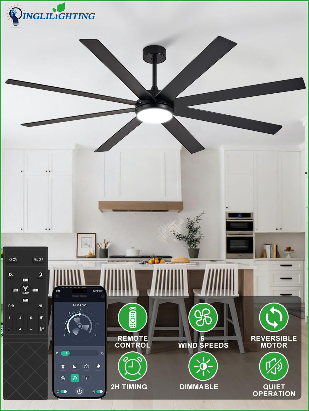 Black 72in Ceiling Fan with Lights A276766