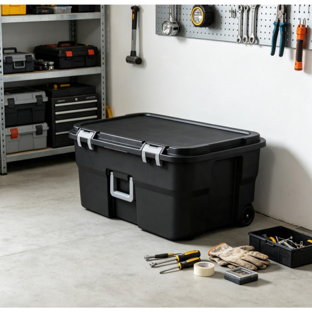 Black Lockable Wheeled Plastic Storage Footlocker N90192