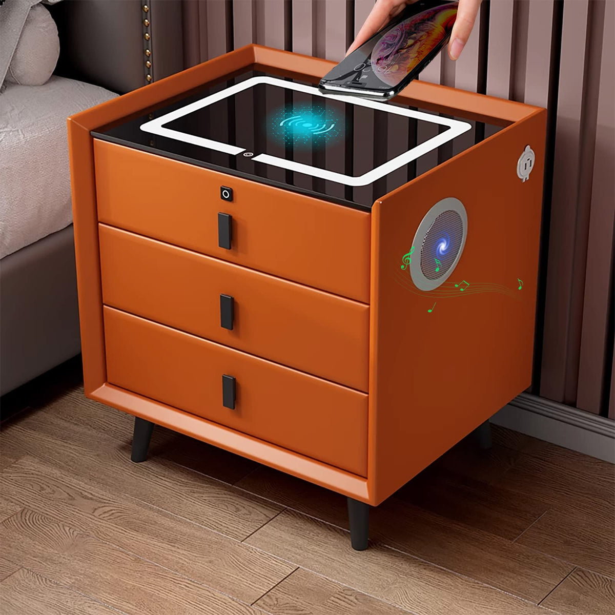 Orange 3 Drawer Wooden Nightstand with Wireless Charging Z4535