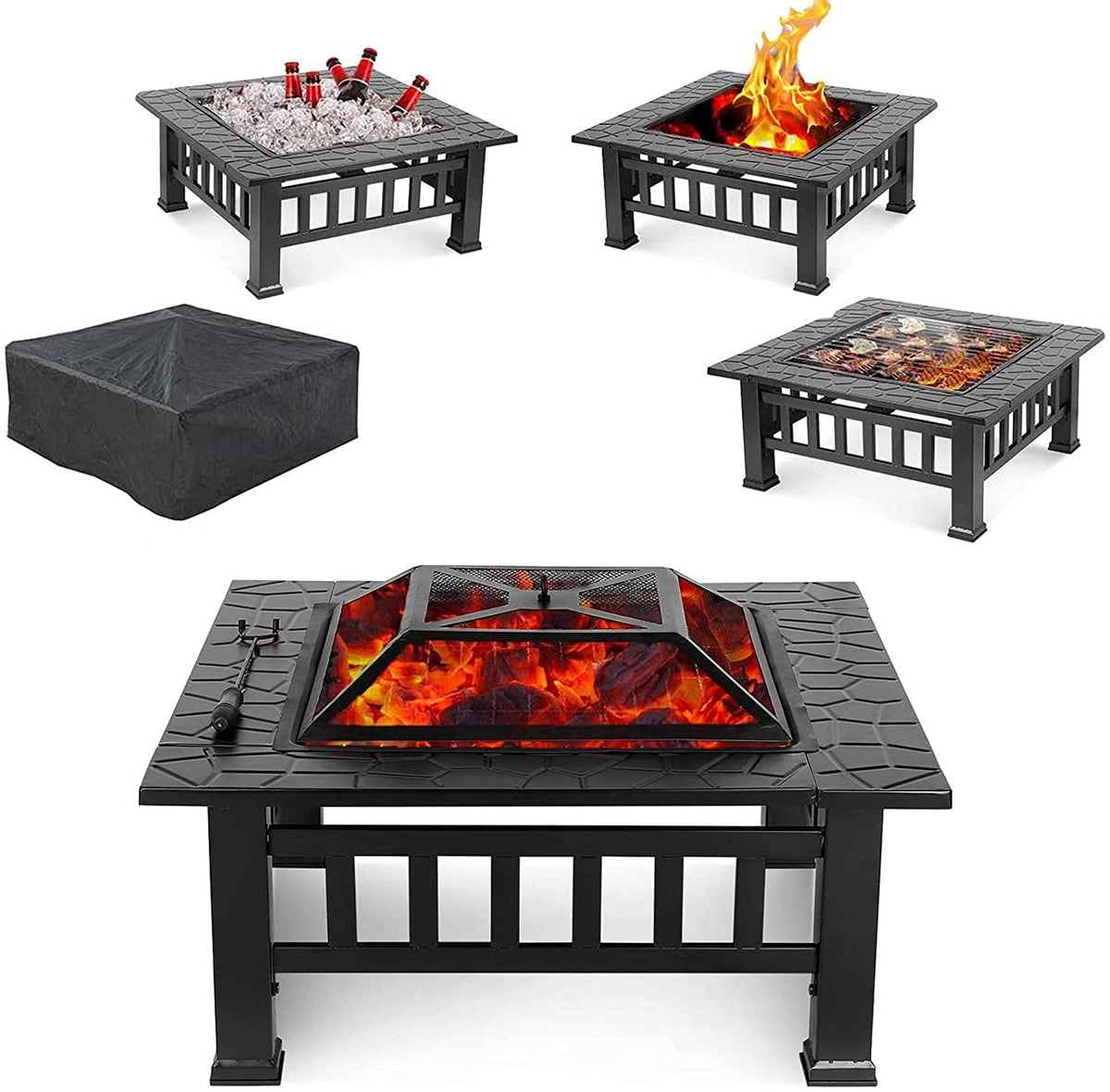 32'' Wood Burning Square Fire Pit with Grill Grate W806452