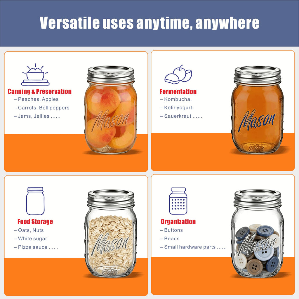 16 oz 6-Pack Regular Mouth Glass Mason Jars with Airtight Lids H7749