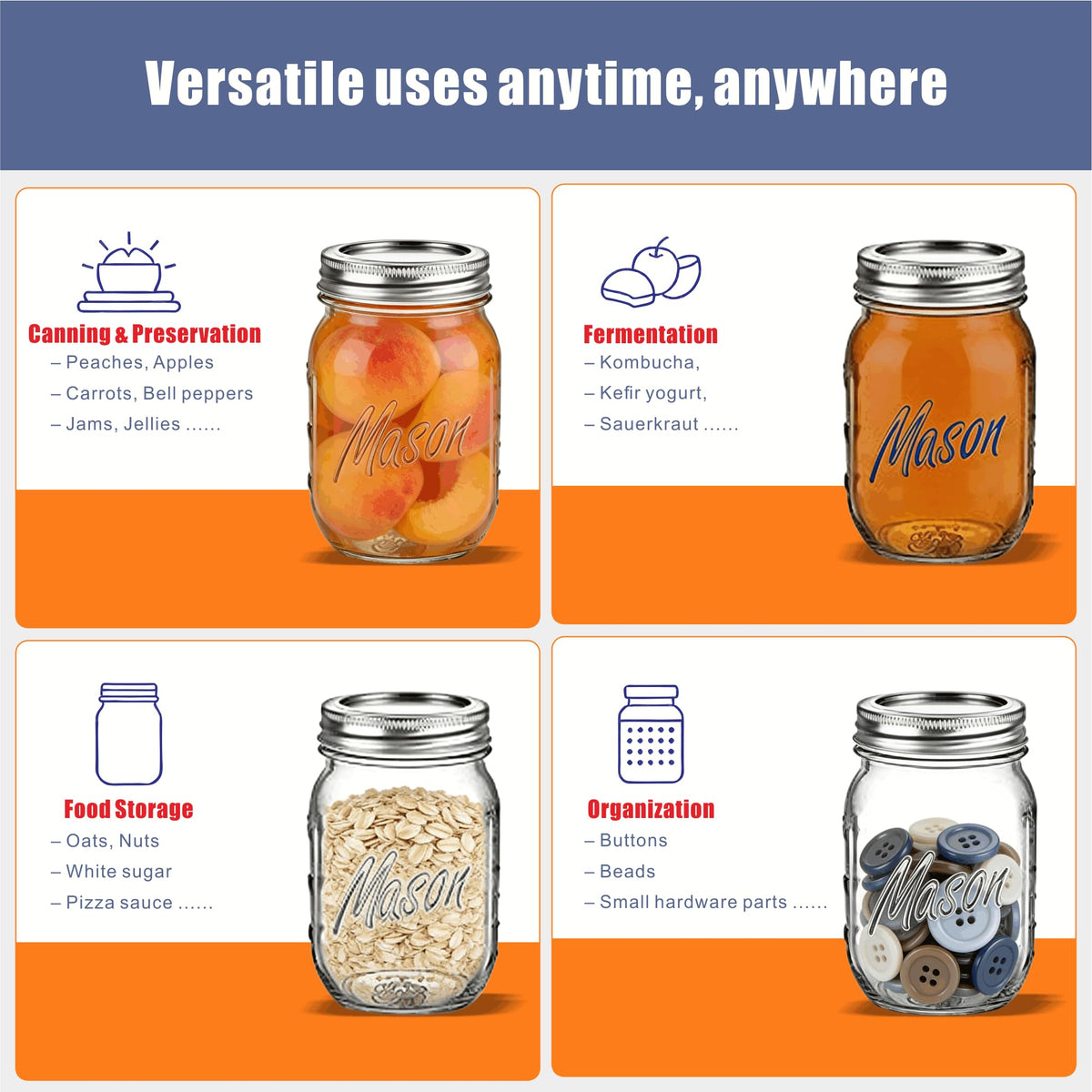 16 oz 6-Pack Regular Mouth Glass Mason Jars with Airtight Lids H7749