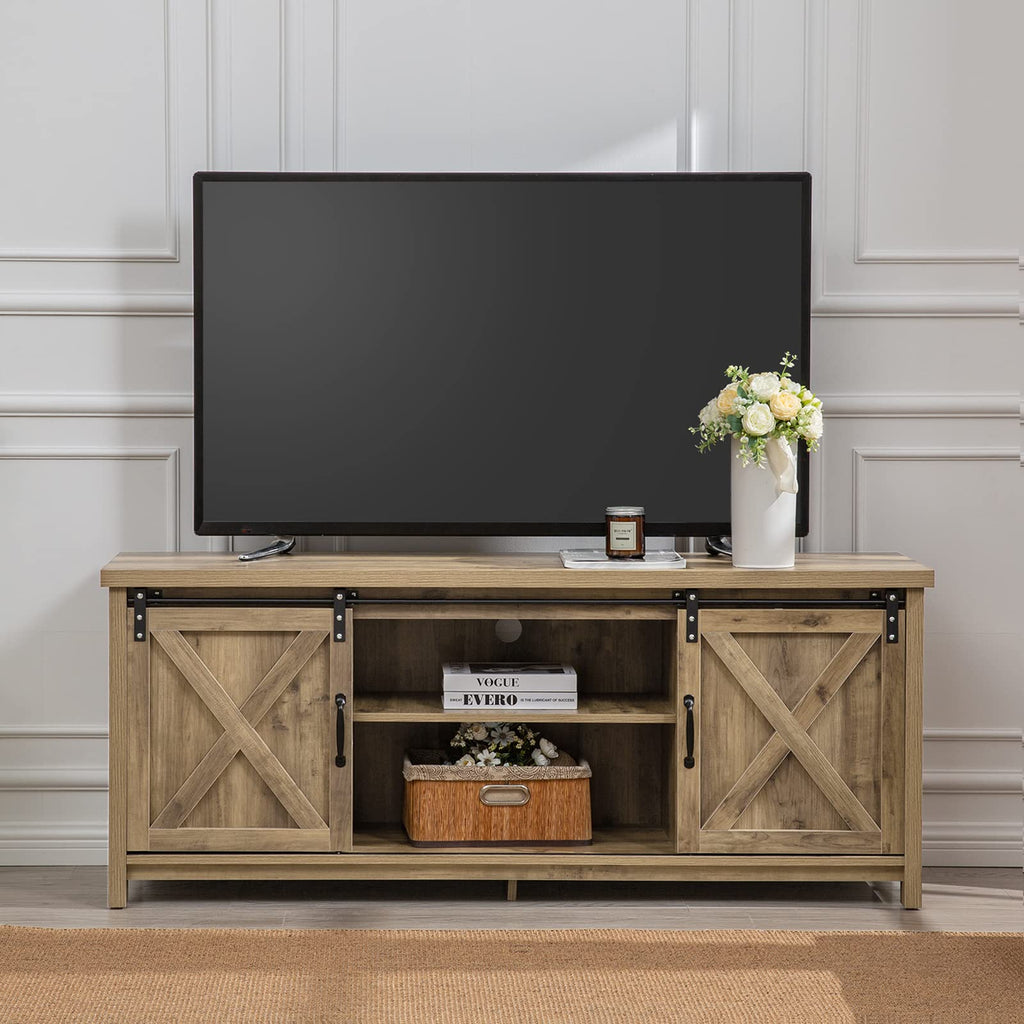 Light Grey Farmhouse TV Stand with Sliding Barn Doors W220