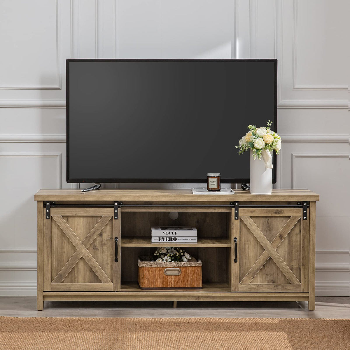 Light Grey Farmhouse TV Stand with Sliding Barn Doors W220