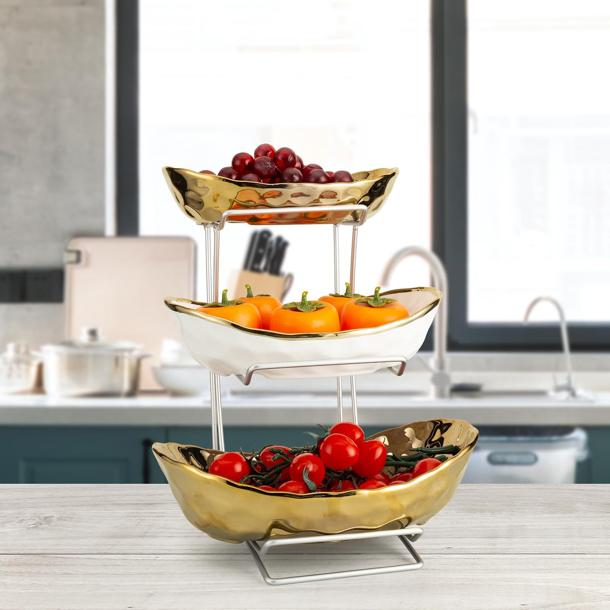 3 Tier Ceramic Serving Bowls with Metal Stand Z72403