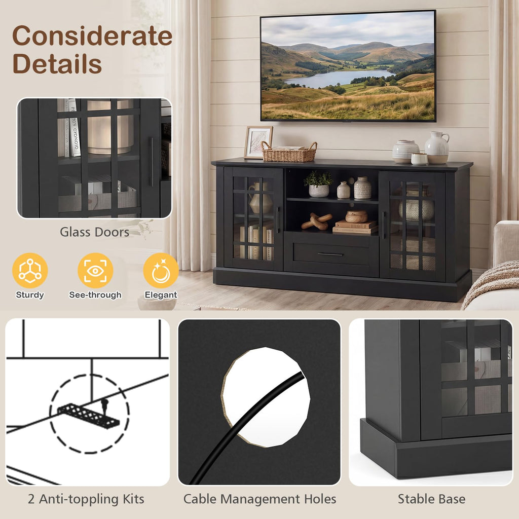 Black Wood TV Stand with 2 Glass Cabinets and 1 Drawer Q2893