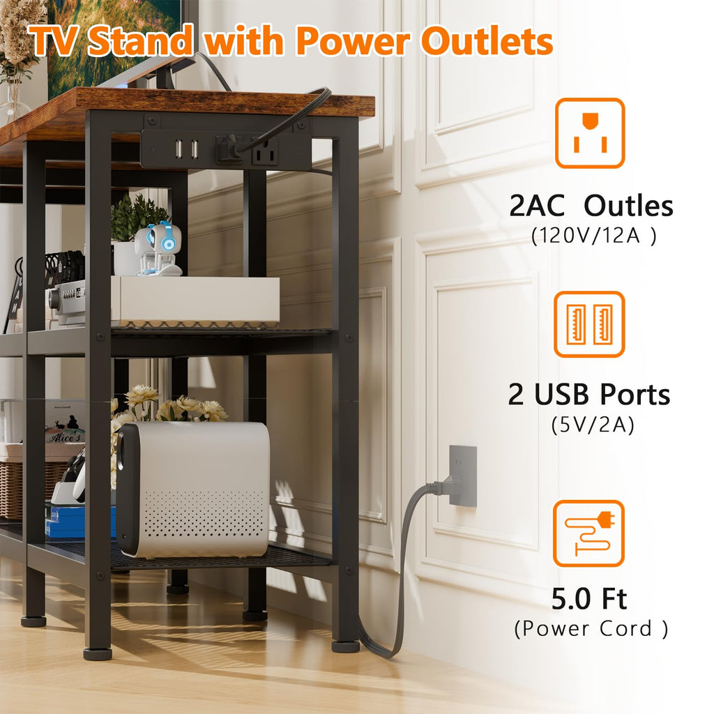 Rustic Brown TV Stand with Power Outlets and Open Storage Shelves L6655