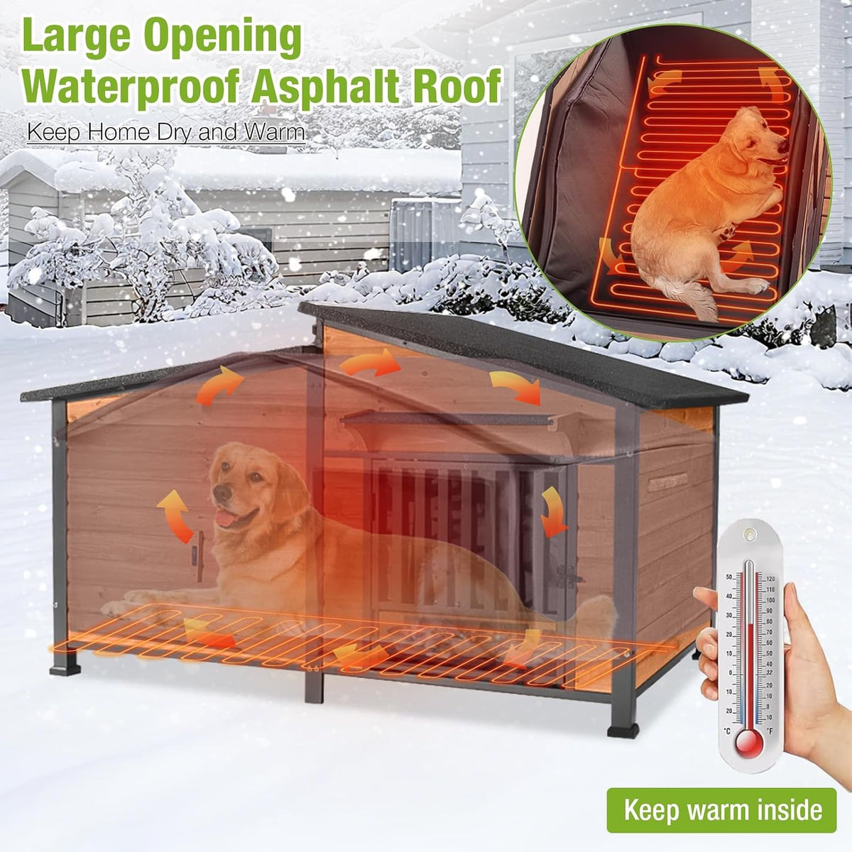 60" Heated Dog House with Heated Pad and Rotating Food Bowl X113545