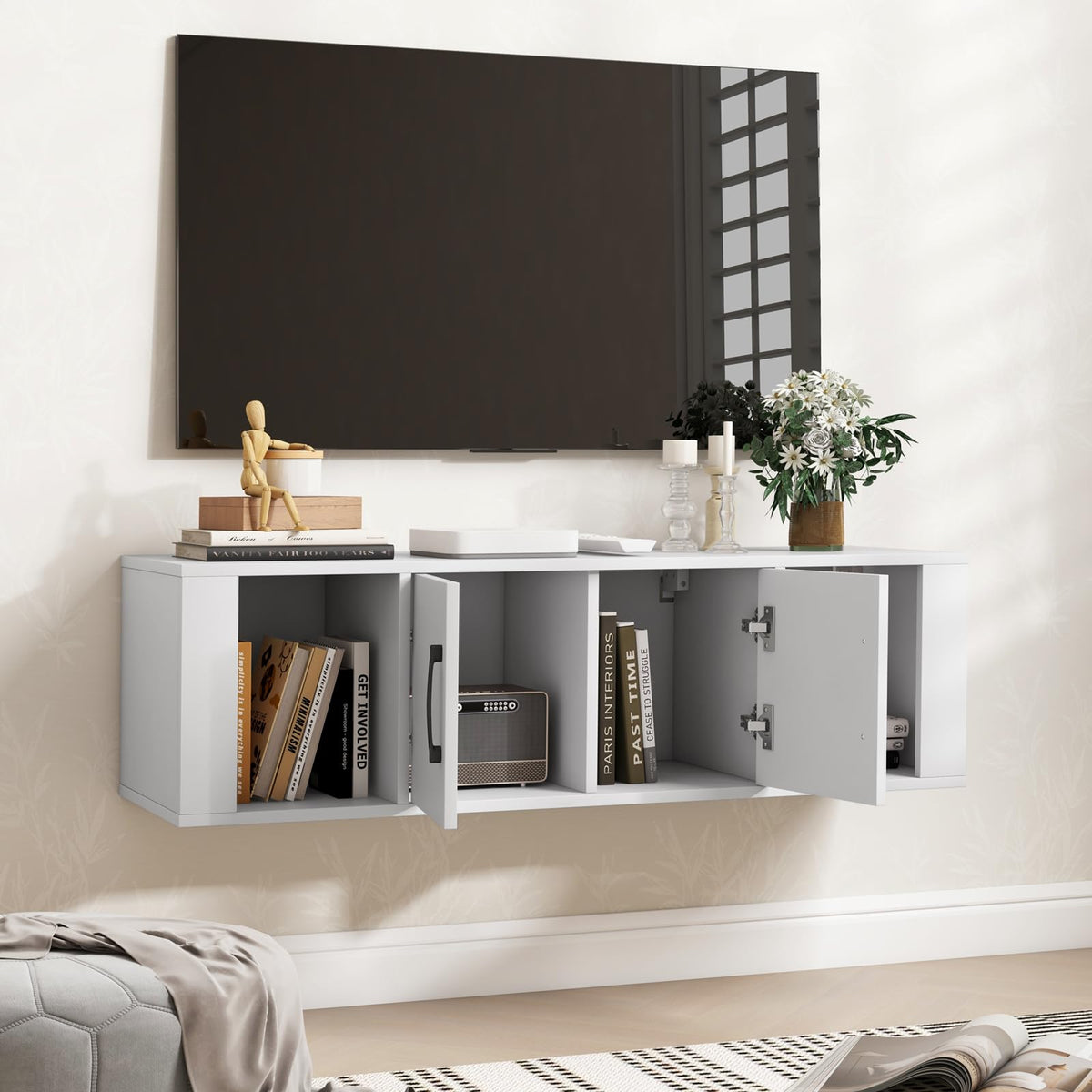 Wall Mounted Storage Cabinet, 2 Cube Floating Desk with Doors, White C1198