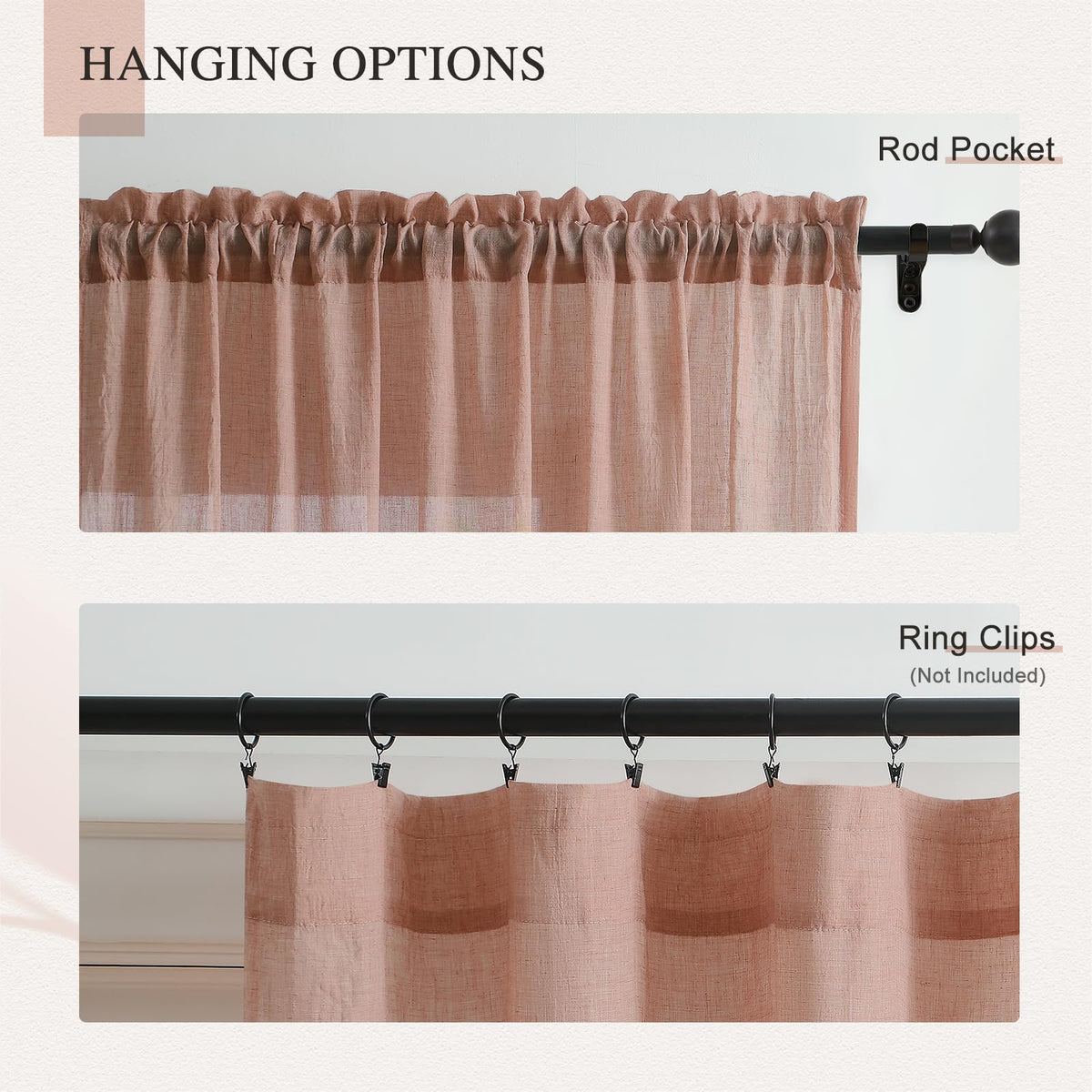 Blush Pink Sheer Cotton Linen Curtains 2 Panels W89608
