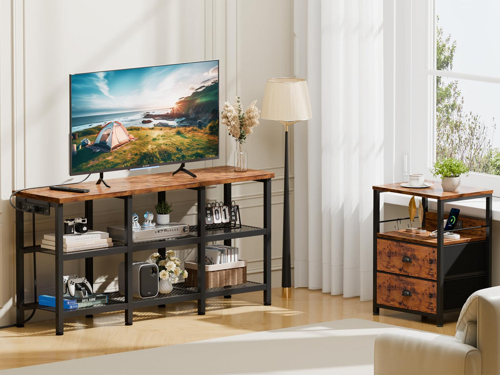 Rustic Brown TV Stand with Power Outlets and Open Storage Shelves L6655