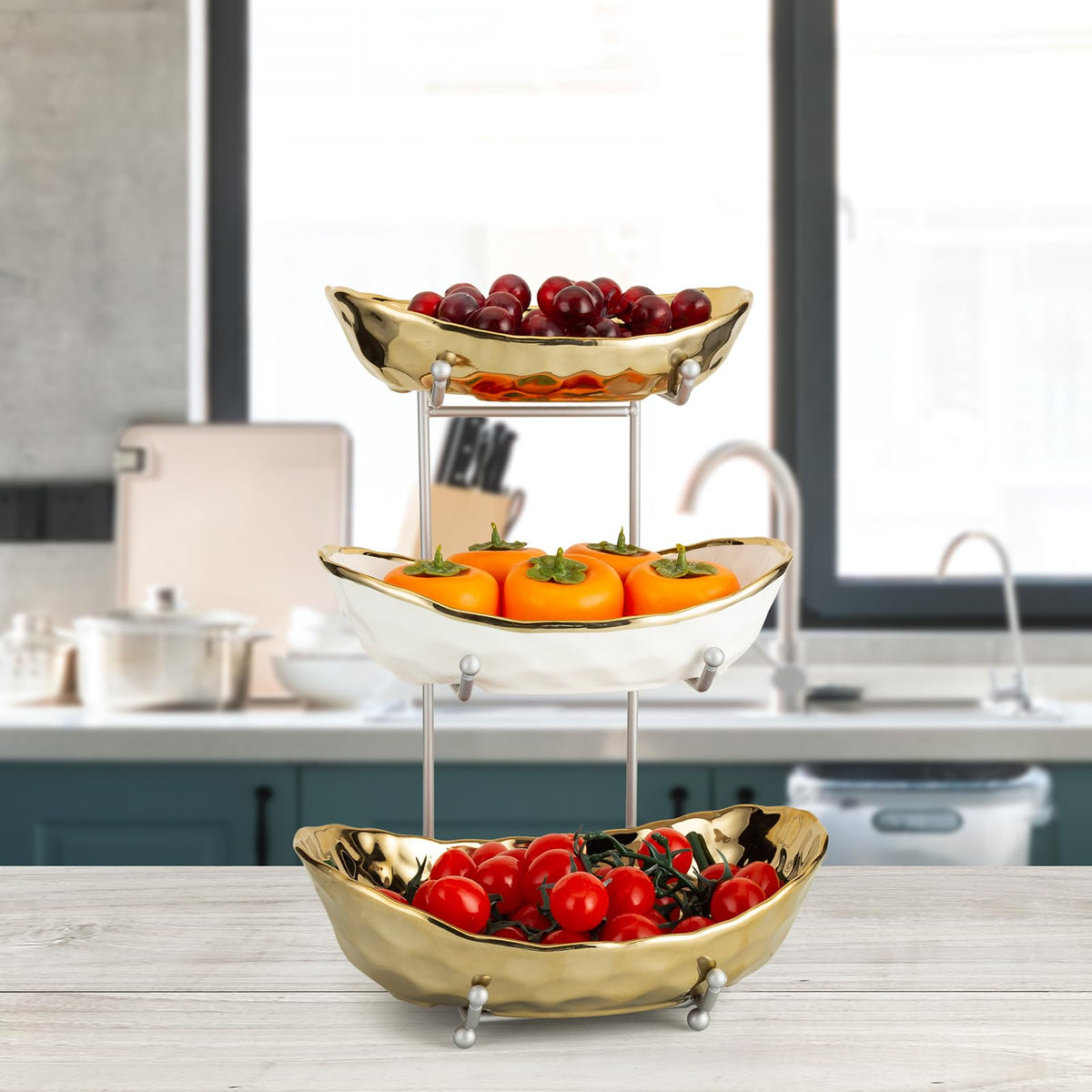 3 Tier Ceramic Serving Bowls with Metal Stand Z72403