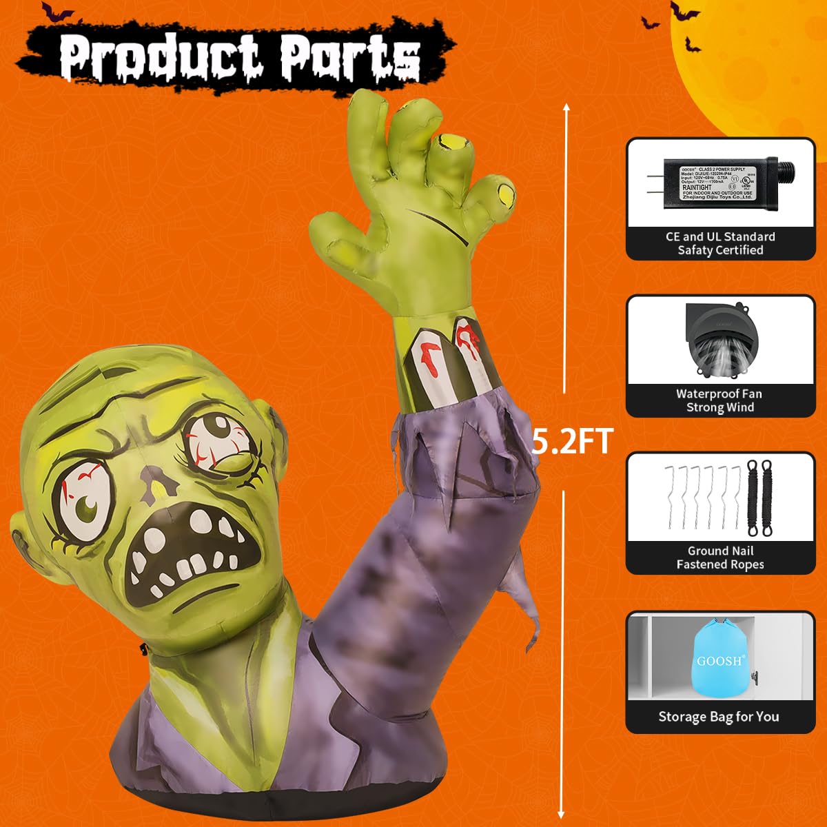 5.2 FT Halloween Inflatables Green Zombies with Built-in LEDs Q5298