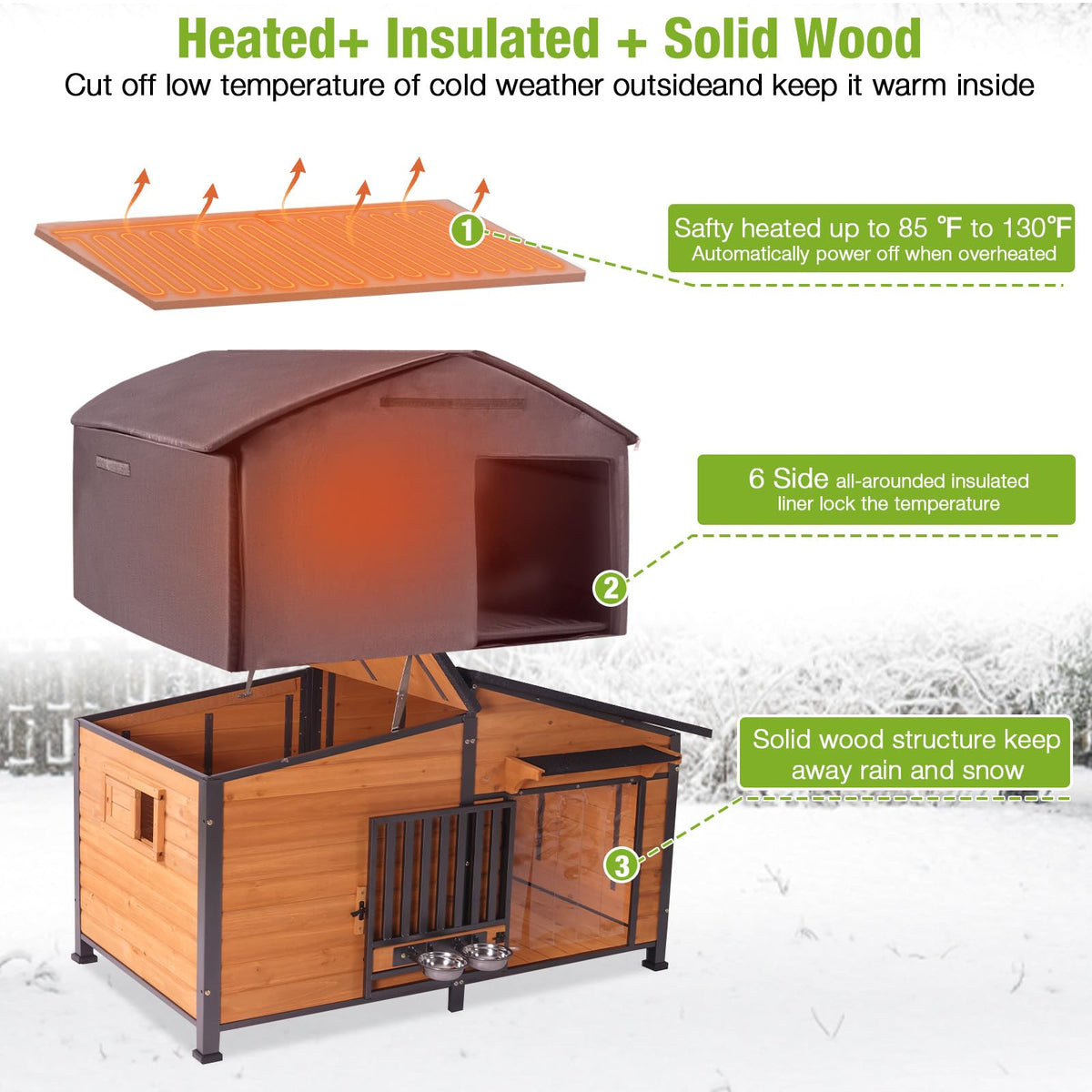 60" Heated Dog House with Heated Pad and Rotating Food Bowl X113545