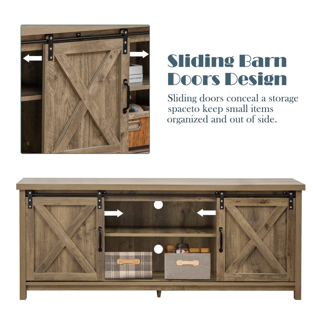 Light Grey Farmhouse TV Stand with Sliding Barn Doors W220