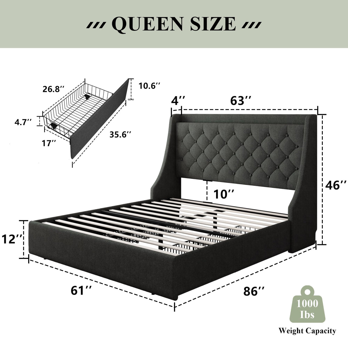Queen Bed Frame with 4 Storage Drawers Upholstered Dark Grey A7811
