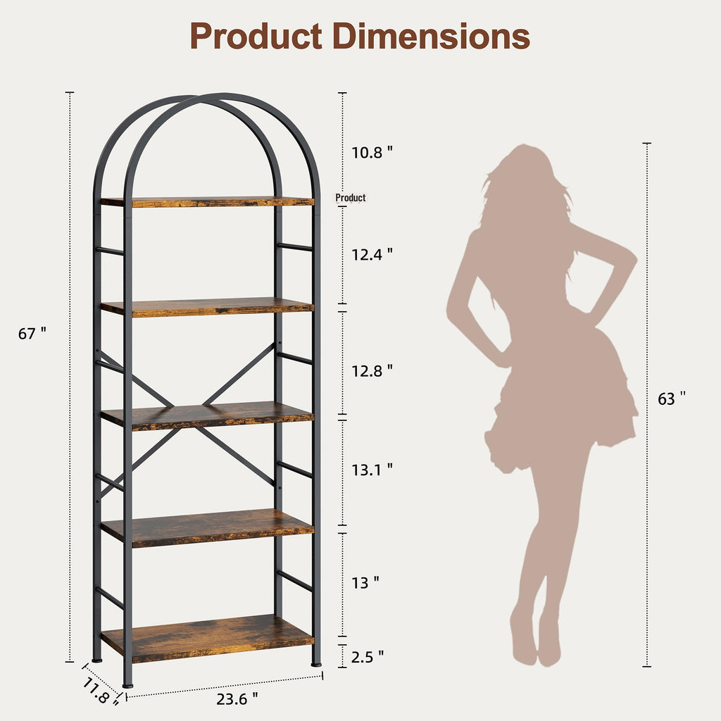 5 Tier Rustic Brown Bookshelf with Metal Frame R71474