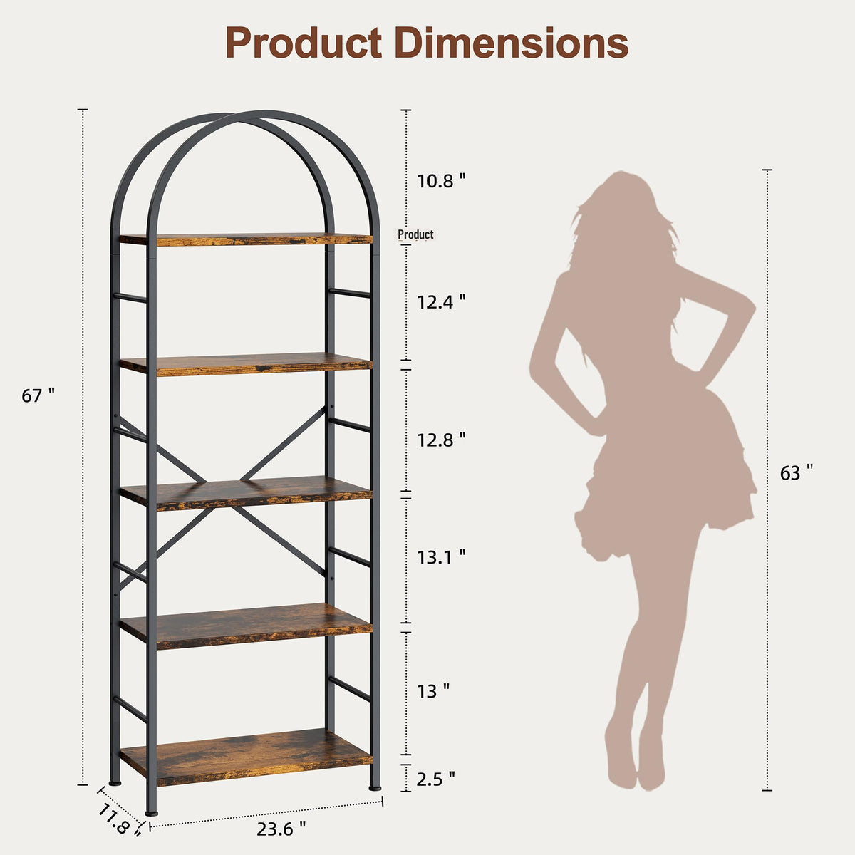 5 Tier Rustic Brown Bookshelf with Metal Frame R71474