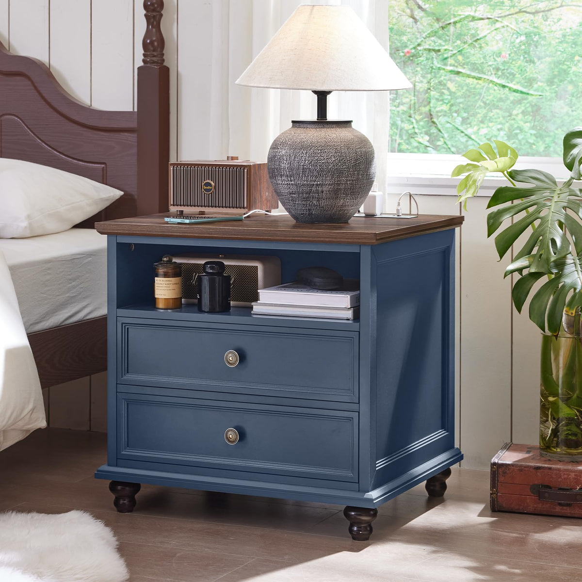 Blue 2 Drawer Nightstand Set of 2 with Charging Station H147